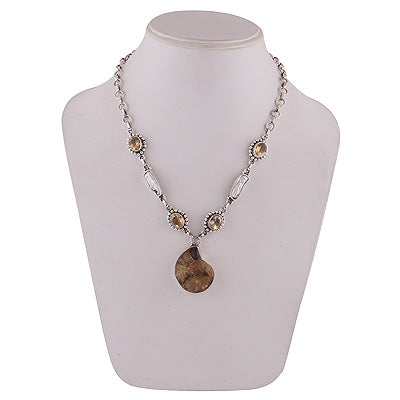 Stunning Combination of Gemstones Citrine,Mother Of Pearl,Ammonite Irregular Shape 925 Sterling Solid Silver Necklace - R6800004-5
