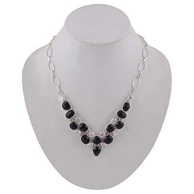 Magnificent Designed White Cubic Zirconia,Black Onyx Irregular Shape 925 Sterling Solid Silver Necklace - R6800005-4