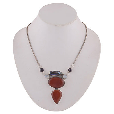 Elegant Handmade Design out of Garnet,Rainbow Moonstone,Carnelian,Shell Irregular Shape 925 Sterling Solid Silver Necklace - R6800006-14