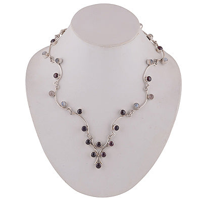 Unique Abstract Around Gemstone Amethyst,Garnet,Rainbow Moonstone,Labradorite,Rose Quartz Round Shape 925 Sterling Solid Silver Necklace - R6800007-15