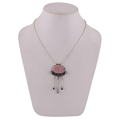 Elegant Necklace Loaded with Gemstones Rhodochrosite,Amethyst,Rainbow Moonstone,Black Onyx Irregular Shape 925 Sterling Solid Silver Necklace - R6800010-13