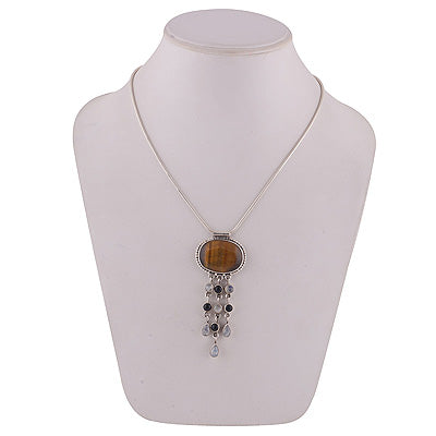 Gorgeous Necklace Loaded with Gemstones Tiger's Eye,Rainbow Moonstone,Black Onyx Irregular Shape 925 Sterling Solid Silver Necklace - R6800010-22