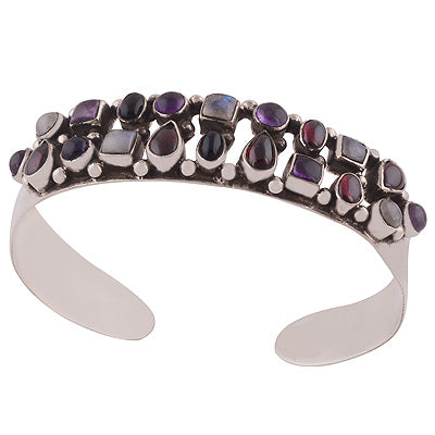 Stunning Cluster of Multiple Gemstone Amethyst,Garnet,Rainbow Moonstone,Black Onyx Multi Shapes 925 Sterling Solid Silver Bangle - R7100001-44