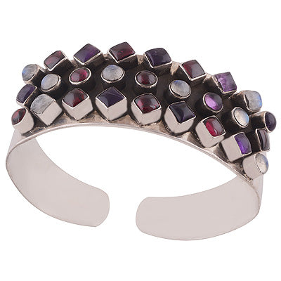 Gorgeous Multi Shape Gemstones Amethyst,Garnet,Rainbow Moonstone Round,Rhombus Shape 925 Sterling Solid Silver Bangle - R7100001-45