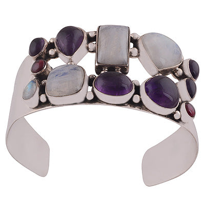 Beautiful Multi coloured Gemstone Amethyst,Garnet,Rainbow Moonstone Multi Shapes 925 Sterling Solid Silver Bangle - R7100001-47