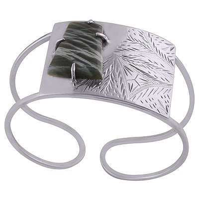 Two toned Textured & Gemstone Seraphinite Rectangle Shape 925 Sterling Solid Silver Bangle - R7100003-10
