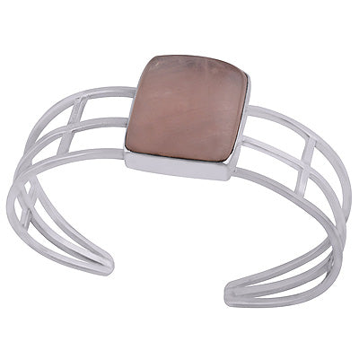 Beautiful Three band Rose Quartz Rectangle Shape 928 Sterling Solid Silver Bangle - R7100003-13