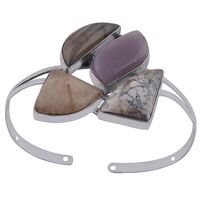 Uniquely Seated Gemstone Labradorite,Golden Rutile,Dendritic Agate,Lavender Jade, Fancy Shape 927 Sterling Solid Silver Bangle - R7100004-10