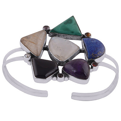 Beautiful Flower loaded With Gemstones Amethyst,Garnet,Rainbow Moonstone,Smoky Topaz,Pearl,Tiger's Eye,Golden Rutile,Malachite,Black Onyx Fancy Shape 925 Sterling Solid Silver Bangle - R7100004-13