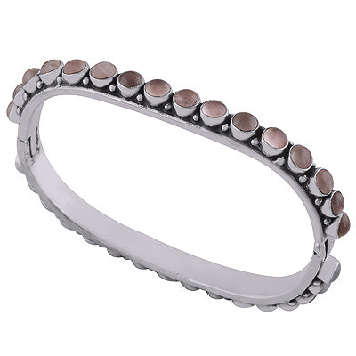 Alluring Loaded With Gemstone Rose Quartz Round Shape 925 Sterling Solid Silver Bangle - R7100004-15