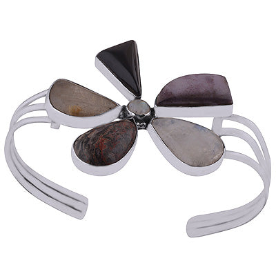 Gorgeous Flower of Gemstones Rainbow Moonstone,Golden Rutile,Black Onyx,Lavender Jade,Leopard Skin Jasper Multi Shapes 925 Sterling Solid Silver Bangle - R7100004-8
