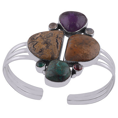 Beautiful Abstract Multi coloured Gemstones Amethyst,Garnet,Turquoise,Rainbow Moonstone,Green Onyx,Rose Quartz,Jasper Multi Shapes 926 Sterling Solid Silver Bangle - R7100004-9