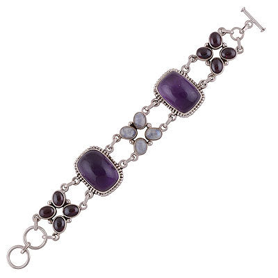 Stunning Multicoloured Gemstones Around Amethyst,Garnet,Rainbow Moonstone Oval,Rectangle Shape 925 Sterling Solid Silver Bracelet - R7400001-95
