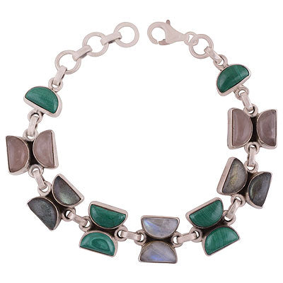 Beautiful Shaped Multicoloured Gemstones Rainbow Moonstone,Labradorite,Malachite,Rose Quartz D Shape 925 Sterling Solid Silver Bracelet - R7400001-99