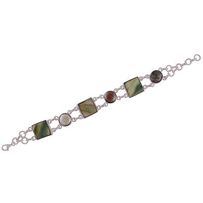 Alluring Multicoloured Gemstones Shell Round,Square Shape 925 Sterling Solid Silver Bracelet - R7400003-12