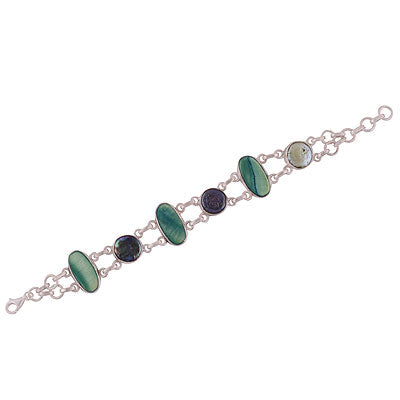 Beautiful Shaped Gemstones Around Shell Oval,Round Shape 925 Sterling Solid Silver Bracelet - R7400003-18