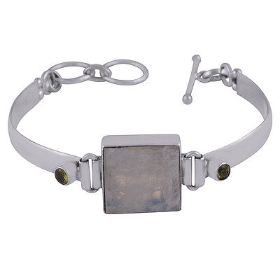 Stunning Gemstone Around Rainbow Moonstone,Peridot Square,Round Shape 925 Sterling Solid Silver Bracelet - R7400003-20