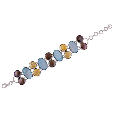 Alluring Multicoloured Gemstones Shell Oval,Round Shape 925 Sterling Solid Silver Bracelet - R7400003-6