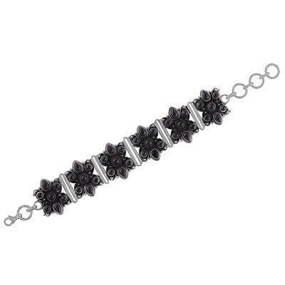 Gorgeous Flower Around Black Onyx Round,Pear Shape 925 Sterling Solid Silver Bracelet - R7400004-1