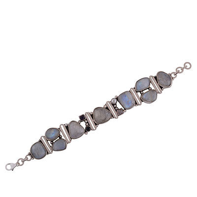Beautiful Blue Fire Light Gemstone Amethyst,Rainbow Moonstone,Rose Quartz,Pearl,Black Onyx Multi Shapes 925 Sterling Solid Silver Bracelet - R7400004-16