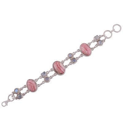 Gorgeous Blue Fire Light Gemstones Rainbow Moonstone,Rhodochrosite Multi Shapes 925 Sterling Solid Silver Bracelet - R7400004-17