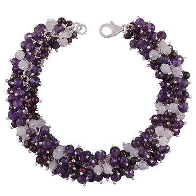 Alluring loaded with multicoloured beads Amethyst,Garnet,Rainbow Moonstone Round Shape 925 Sterling Solid Silver Bracelet - R7400004-23