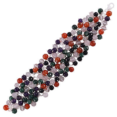 Stunning multicoloured gemstone beads around Amethyst,Carnelian,Green Jade,Rose Quartz,Crystal,Black Onyx Round Shape 925 Sterling Solid Silver Bracelet - R7400004-24
