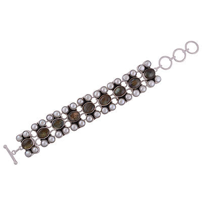 Gorgeous Multicoloured Gemstones Around Labradorite,Pearl Oval,Round Shape 925 Sterling Solid Silver Bracelet - R7400004-3