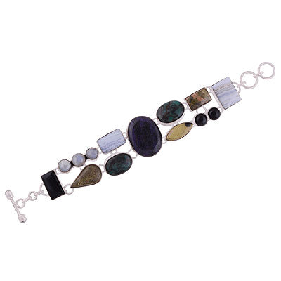 Stunning Shaped Multicoloured Gemstones Rainbow Moonstone,Charoite,Chrysocolla,Blue Lace Agate,Chrysoprase,Unakite,Black Onyx Multi Shapes 925 Sterling Solid Silver Bracelet - R7400004-4