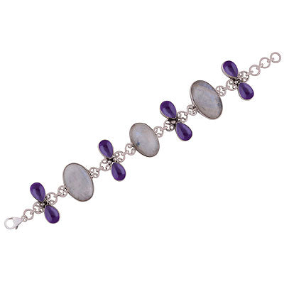 Alluring Multicoloured Gemstones Around Amethyst,Rainbow Moonstone Pear,Oval Shape 925 Sterling Solid Silver Bracelet - R7400004-7