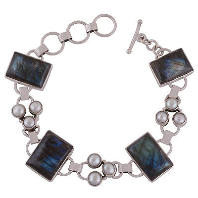 Stunning multiple gemstones Labradorite,Pearl Round,Rectangle Shape 925 Sterling Solid Silver Bracelet - R7400005-10
