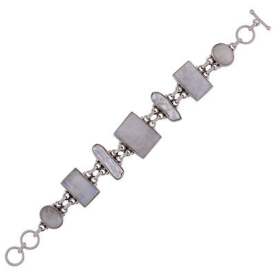 Beautiful bold shaped gemstones Rainbow Moonstone,Shell Multi Shapes 925 Sterling Solid Silver Bracelet - R7400005-12