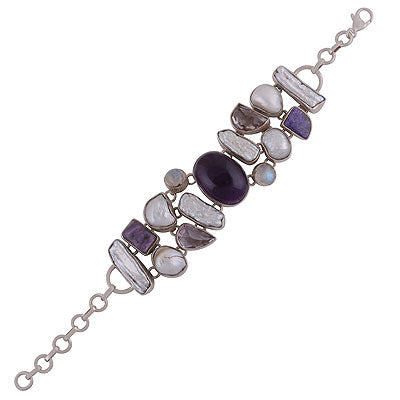 Alluring multicolour gem stones Amethyst,Rainbow Moonstone,Charoite,Pearl,Shell Multi Shapes 925 Sterling Solid Silver Bracelet - R7400005-13