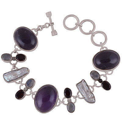 Beautifully seated Multi coloured gemstones Amethyst,Garnet,Rainbow Moonstone,Shell Multi Shapes 925 Sterling Solid Silver Bracelet - R7400005-14