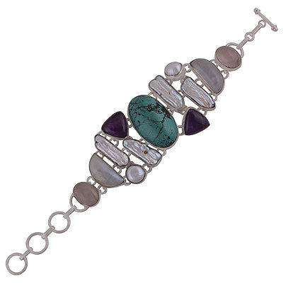 Beautiful bold multicoloured gemstone Amethyst,Turquoise,Rainbow Moonstone,Rose Quartz,Pearl,Shell Multi Shapes 925 Sterling Solid Silver Bracelet - R7400005-16