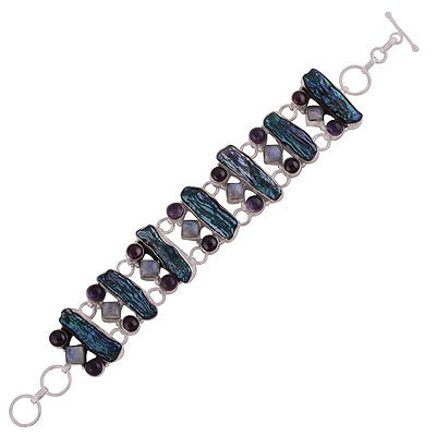 Beautiful multicoloured gemstones Amethyst,Garnet,Rainbow Moonstone,Shell Multi Shapes 925 Sterling Solid Silver Bracelet - R7400005-5