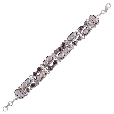 Alluring multicoloured gemstones Amethyst,Garnet,Rainbow Moonstone,Shell Multi Shapes 925 Sterling Solid Silver Bracelet - R7400005-6
