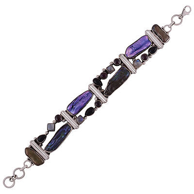 Stunning multiple gemstones Garnet,Rainbow Moonstone,Black Onyx,Shell Multi Shapes 925 Sterling Solid Silver Bracelet - R7400005-7