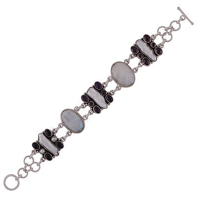 Beautiful bold shaped gemstones Amethyst,Garnet,Rainbow Moonstone,Black Onyx,Pearl,Shell Multi Shapes 925 Sterling Solid Silver Bracelet - R7400005-8
