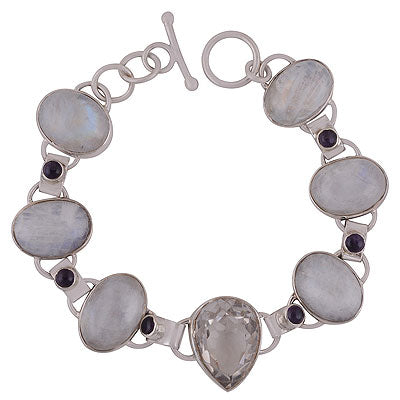 Gorgeous multi coloured gemstones Amethyst,Rainbow Moonstone,Crystal Multi Shapes 925 Sterling Solid Silver Bracelet - R7400006-10