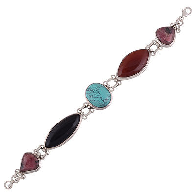 Stunning multi coloured gemstones Turquoise,Rhodonite,Carnelian,Black Onyx Multi Shapes 925 Sterling Solid Silver Bracelet - R7400006-11