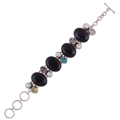 Alluring Multi coloured gemstones pattern Amethyst,Lemon Topaz,Rainbow Moonstone,Blue Topaz,Pearl,Black Onyx Oval,Round Shape 925 Sterling Solid Silver Bracelet - R7400006-12