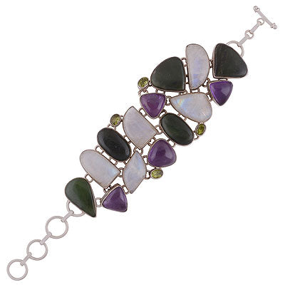 Stunning pattern of Multi coloured gemstones Amethyst,Peridot,Rainbow Moonstone,Nephrite Jade Multi Shapes 925 Sterling Solid Silver Bracelet - R7400006-13