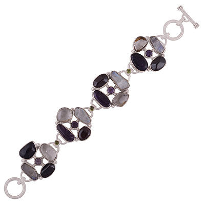 Gorgeous abstract flower gemstones pattern Amethyst,Garnet,Peridot,Citrine,Rainbow Moonstone,Crystal Multi Shapes 925 Sterling Solid Silver Bracelet - R7400006-14