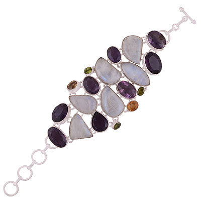 Alluring Multi coloured gemstones pattern Amethyst,Peridot,Citrine,Rainbow Moonstone Multi Shapes 925 Sterling Solid Silver Bracelet - R7400006-16