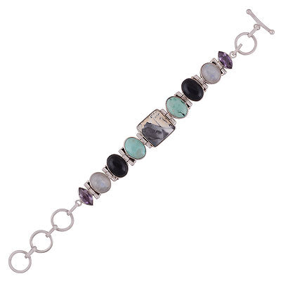 Gorgeous multi coloured gemstones around Amethyst,Turquoise,Rainbow Moonstone,Dendritic Agate,Black Onyx Multi Shapes 925 Sterling Solid Silver Bracelet - R7400006-18