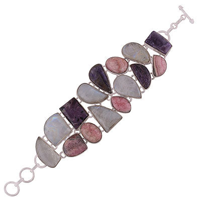 Gorgeous shaped multi coloured gemstones Rainbow Moonstone,Charoite,Rhodochrosite Multi Shapes 925 Sterling Solid Silver Bracelet - R7400008-14