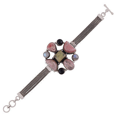 Alluring Multi Colour Flower Rainbow Moonstone,Rhodochrosite,Rainforest Jasper Multi Shapes 925 Sterling Solid Silver Bracelet - R7400008-15