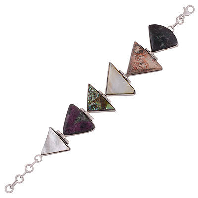 Beautiful Pastel colour gemstones Abalone Shell,Mother Of Pearl,Ruby Zoisite,Jasper Multi Shapes 925 Sterling Solid Silver Bracelet - R7400008-17