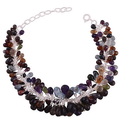 Gorgeous multicoloured gemstone beads Amethyst,Garnet,Citrine,Peridot,Blue Topaz,Iolite,Smoky Topaz Drop Shape 925 Sterling Solid Silver Bracelet - R7400022-17